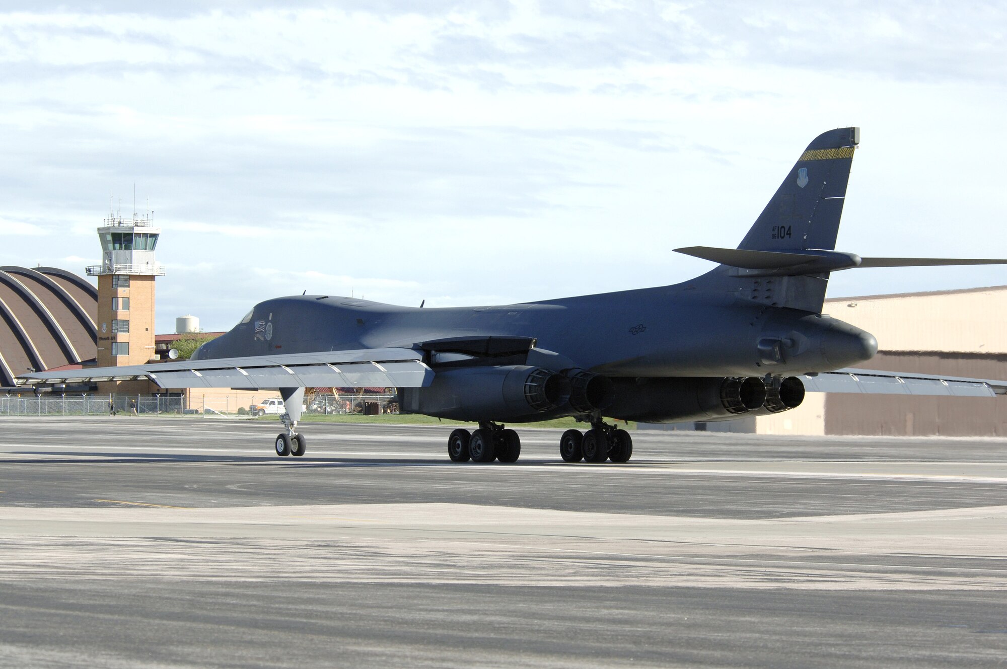 A B-1 Lancer taxis at Ellsworth Air Force Base, S.D., on Tuesday, May 23, 2006, as part of Exercise Badlands Express 06-03.  The exercise will prepare the base for an operational readiness inspection in July.   (U.S. Air Force photo/Senior Airman Michael B. Keller) 
