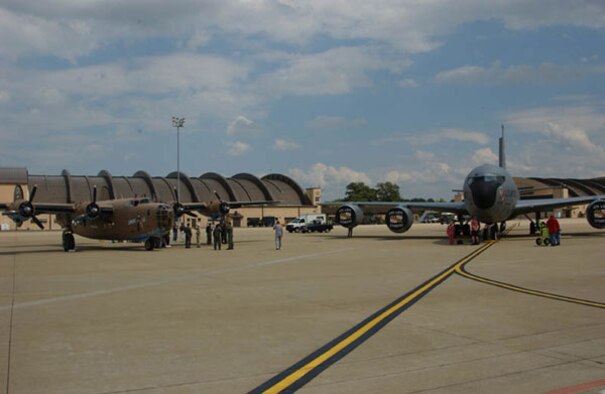 ANDREWS AIR FORCE BASE, Md. -- History came full circle as the 459th's first ever aircraft lined up nose-to-nose with the unit's current aircraft.
     The 459th Air Refueling Wing's KC-135 Stratotanker, an Air Force Reserve Command refueling aircraft, met its mission predecessor, the B-24 Liberator, a World War II bomber aircraft that flew in May 17 for the Joint Service Open House at Andrews Air Force Base for this year's Armed Forces Day weekend.
     This historic event took place on the 459th ARW flightline. 
     The B-24 aircraft was the 459th's first flying mission in the wing's heritage, flown from 1943 to 1945.  The B-24 was employed in operations in every combat theater in World War II.
     Members of the original 459th Bombardment Group and the 756th Squadron Association attended the event.  The 459th ARW Commander, Col. Stayce D. Harris, also attended and greeted the B-24 aircraft and its crew.
     The 459th ARW has adopted the name "Liberator" to pay tribute to its founding unit who once carried the name.