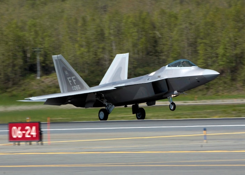 An F-22 Raptor lands at Elmendorf Air Force Base, Alaska, on Tuesday, May 23, 2006. Raptors from the 27th Fighter Squadron at Langley AFB, Va., are supporting Exercise Northern Edge 2006. The Air Force selected Elmendorf as the home for the next operational F-22 squadron. The base will receive 36 Raptors, with the first jet expected in fall 2007. (U.S. Air Force photo/Tech. Sgt. Keith Brown) 