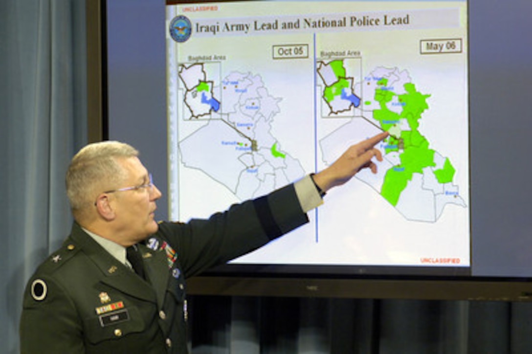 Joint Staff Deputy Director for Regional Operations Brig. Gen. Carter Ham, U.S. Army, briefs reporters in the Pentagon on recent operations in Afghanistan and Iraq on May 23, 2006. 