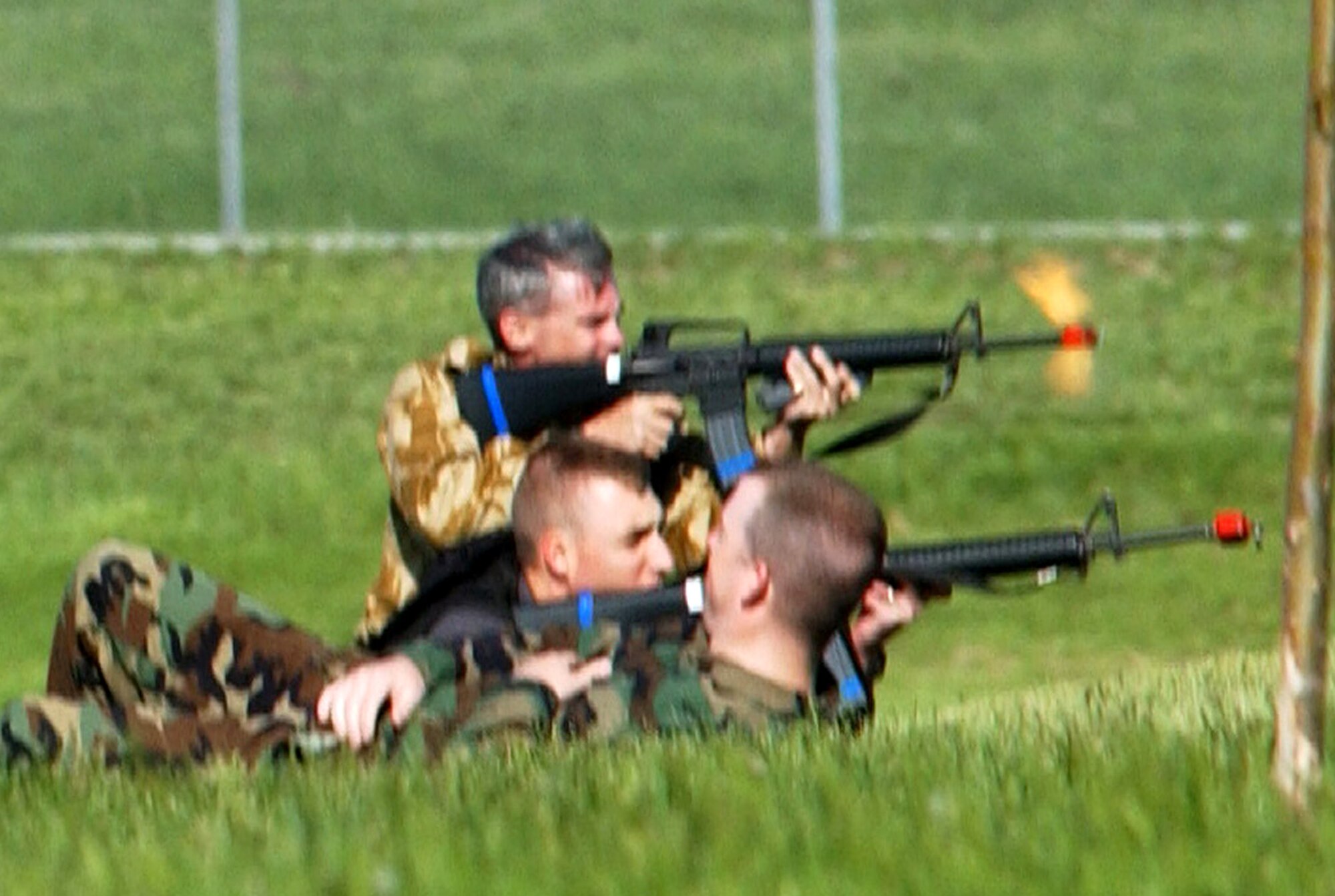 Airmen from the 28th Bomb Wing simulate a ground attack during an operational readiness exercise at Ellsworth Air Force Base, S.D., on Wednesday, May 24, 2006. (U.S. Air Force photo/Airman Anthony Sanchelli)
