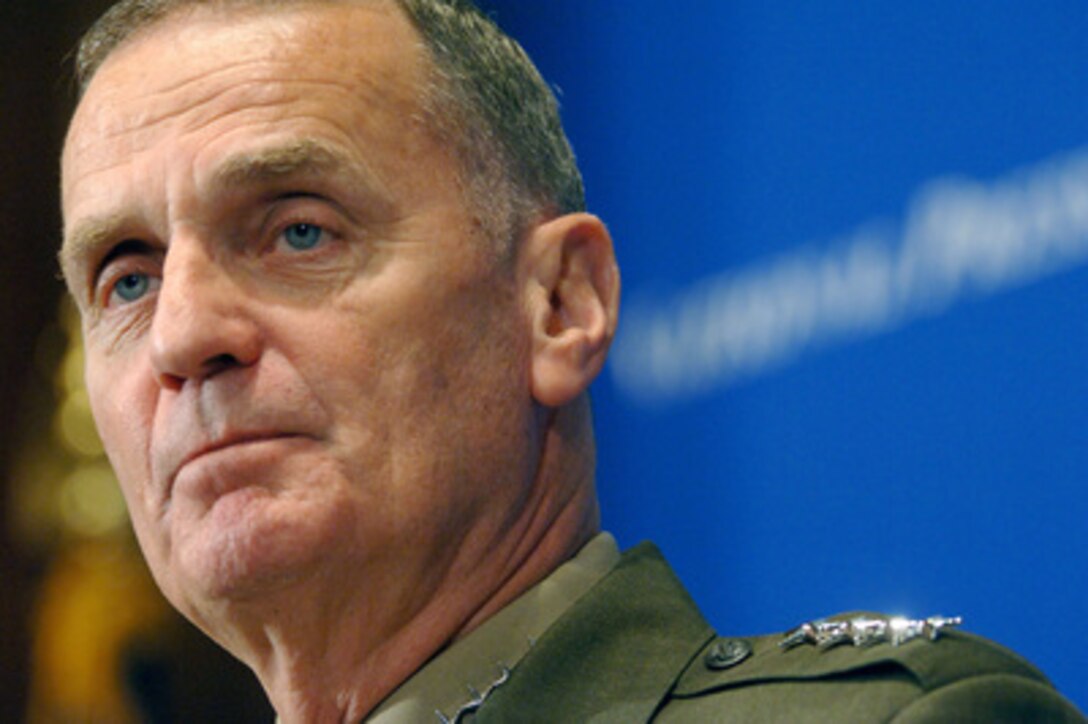 Supreme Allied Commander, Europe and the Commander of the U.S. European Command Gen. James L. Jones, U. S. Marine Corps, listens to a question during a luncheon at the National Press Club in Washington, D.C., on May 25, 2006. Jones spoke to members on the theme of "NATO: New Capabilities for Emerging Global Challenges," and the war on terror. 