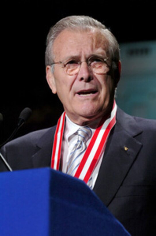 Secretary of Defense Donald H. Rumsfeld speaks to the audience at the national annual meeting of the Boy Scouts of America at the Marriott Wardman Park in Washington, D.C. on May 25, 2006. Boy Scouts of America presented Rumsfeld with the Golden Buffalo Award, scouting's highest commendation. The award was created in 1925 and is presented to those who give truly noteworthy and extraordinary service to youth. Rumsfeld joins previous honorees including Norman Rockwell, Charles Lindbergh, Bob Hope, Neil Armstrong and 14 former presidents including Gerald Ford. 