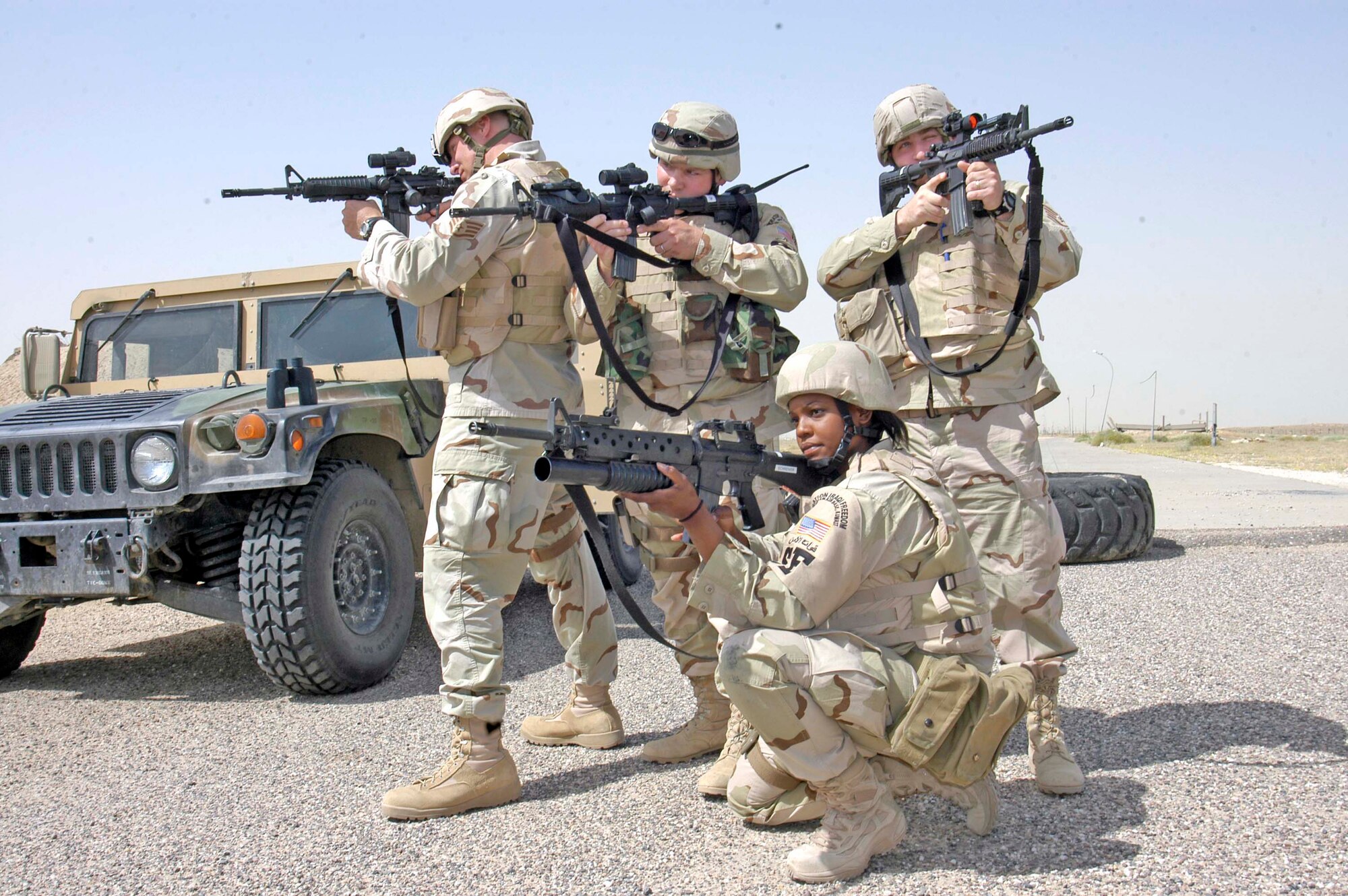 SOUTHWEST ASIA -- Airman 1st Class Shannon Blackwell, front center, is part of the 386th Expeditionary Security Forces Squadron's Viper Flight in Southwest Asia. Viper Flight comprises volunteers who go through an interview and on-the-job training to engage "outside-the-wire" threats to base defense.