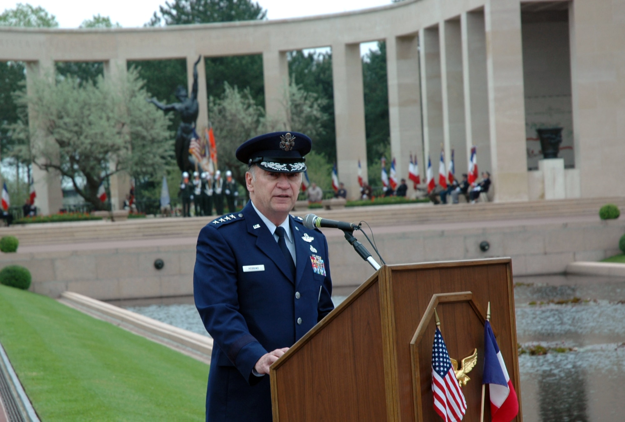 Gen. Tom Hobbins, U.S. Air Forces in Europe commander, delivers a Memorial Day address at Normandy American Cemetery in Colleville-sur-Mer, France, on Sunday, May 28, 2006. (U.S. Air Force photo/Capt. Elizabeth Culbertson) 