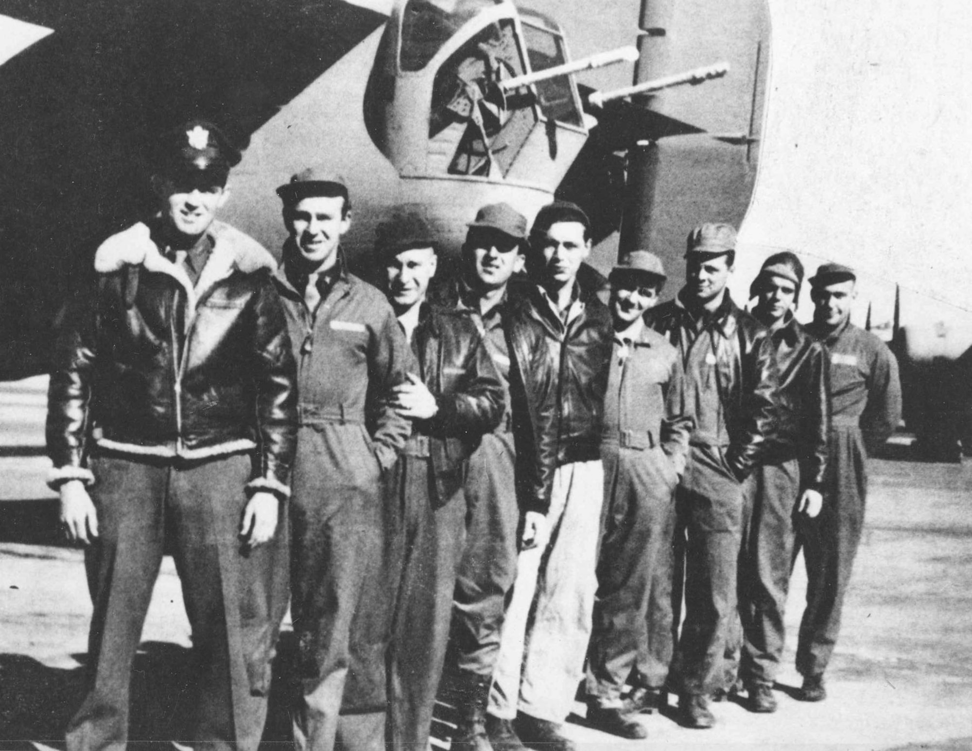 The ill-fated crew of the Consolidated B-24D "Lady Be Good," from the left: 1Lt. W.J. Hatton, pilot; 2Lt. R.F. Toner, copilot; 2Lt. D.P. Hays, navigator; 2Lt. J.S. Woravka, bombardier; TSgt. H.J. Ripslinger, engineer; TSgt. R.E. LaMotte, radio operator; SSgt. G.E. Shelly, gunner; SSgt. V.L. Moore, gunner; and SSgt. S.E. Adams, gunner. (U.S. Air Force photo)