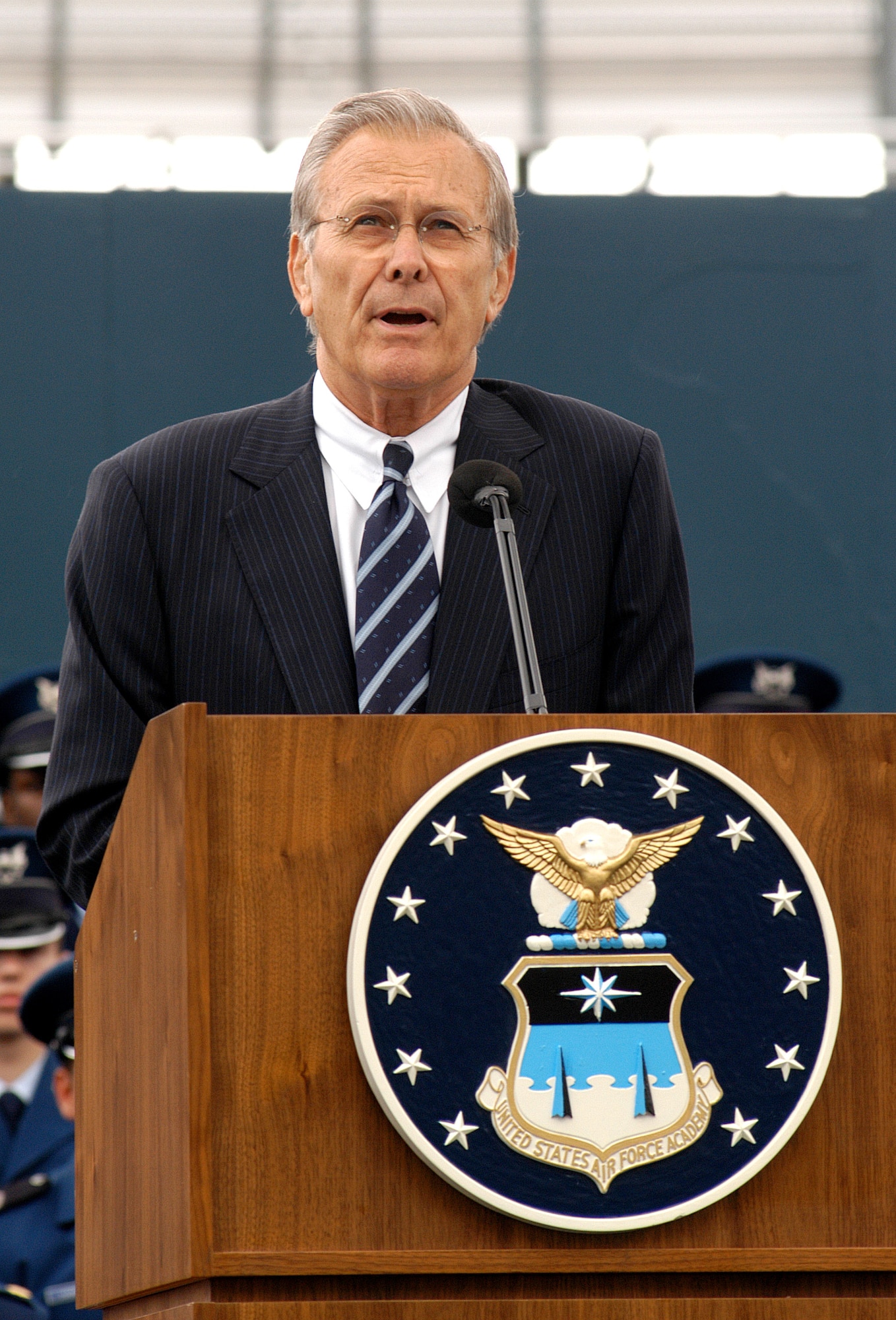 Secretary of Defense Donald H. Rumsfeld speaks at the graduation ceremony for the Class of 2006 at the U.S. Air Force Academy in Colorado Springs, Colo., on Wednesday, May 31, 2006. "Our country has sent its finest young men and women in defense of the ideal that people, when faced with paths leading to either tyranny or freedom, will forever choose freedom," he said. (U.S. Air Force photo/Dennis Rogers)