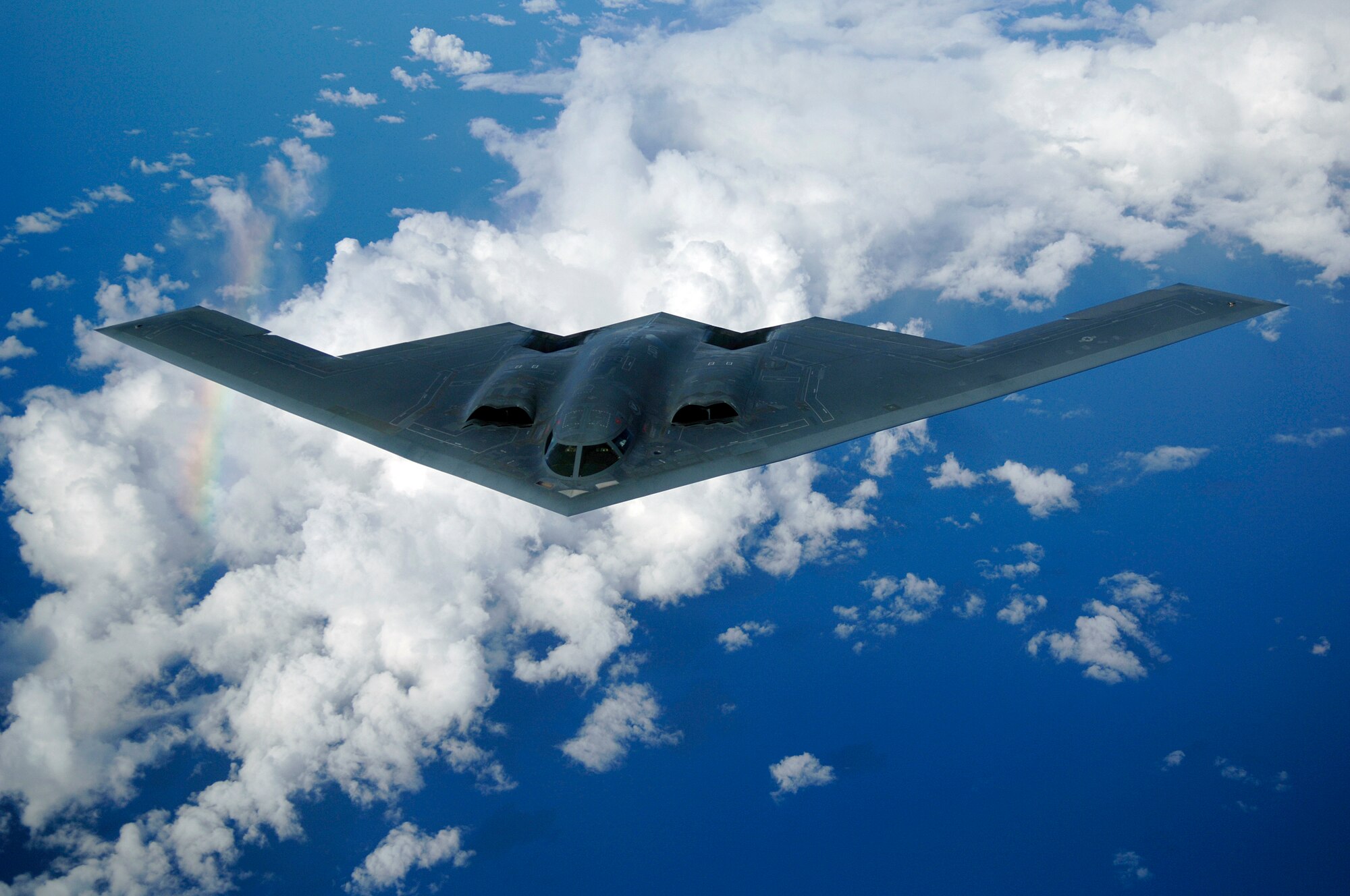 A B-2 Spirit soars after a refueling mission over the Pacific Ocean on Tuesday, May 30, 2006. The B-2, from the 509th Bomb Wing at Whiteman Air Force Base, Mo., is part of a continuous bomber presence in the Asia-Pacific region. (U.S. Air Force photo/Staff Sgt. Bennie J. Davis III) 