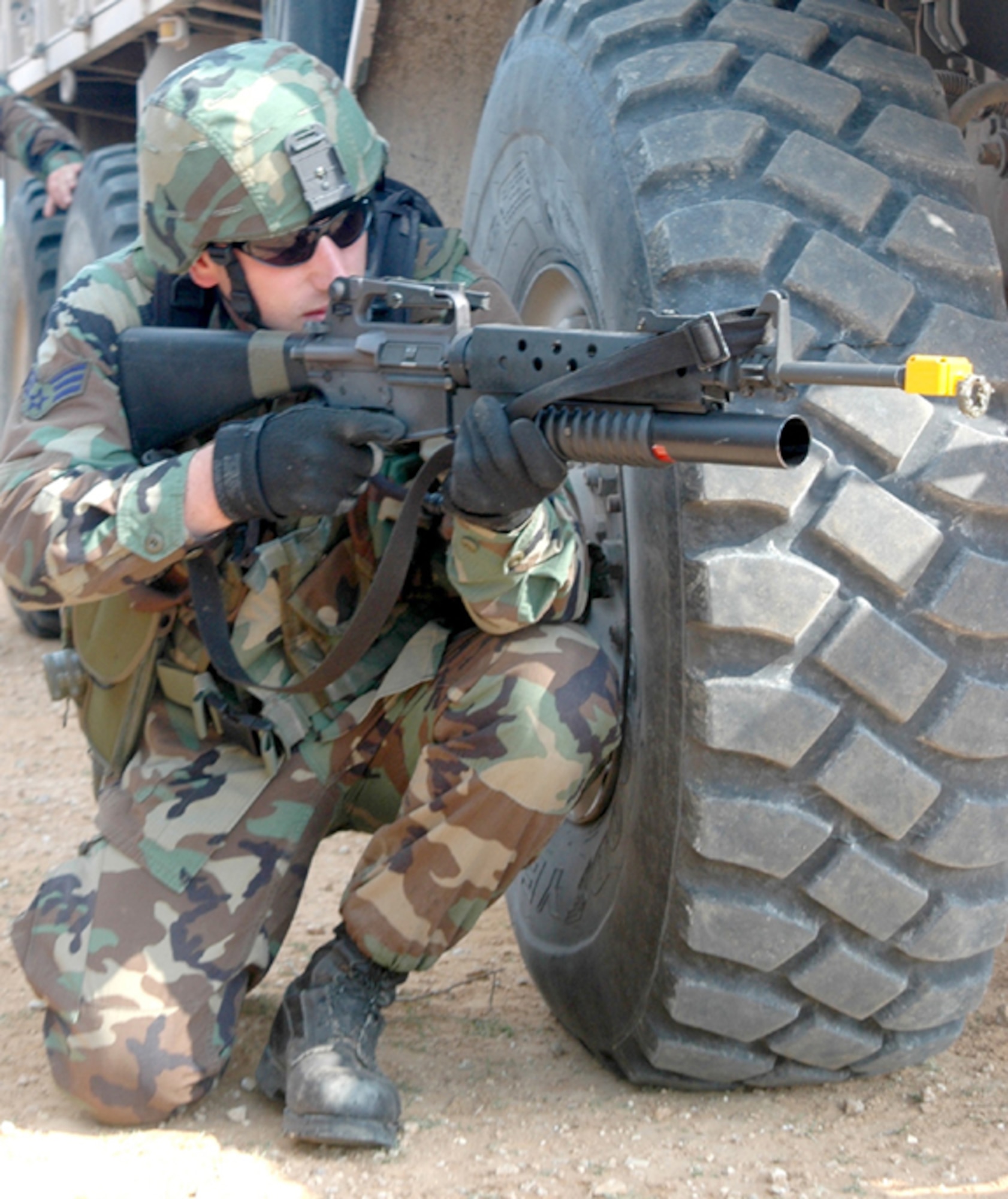 Senior Airman Jacob Koch, 434th Security Forces Squadron, takes up a defensive position during a convoy operations training exercise.  The 434th SFS is located at Grissom Air Reserve Base, Ind. (U.S. Air Force photo/SrA Jonathan Jones)
