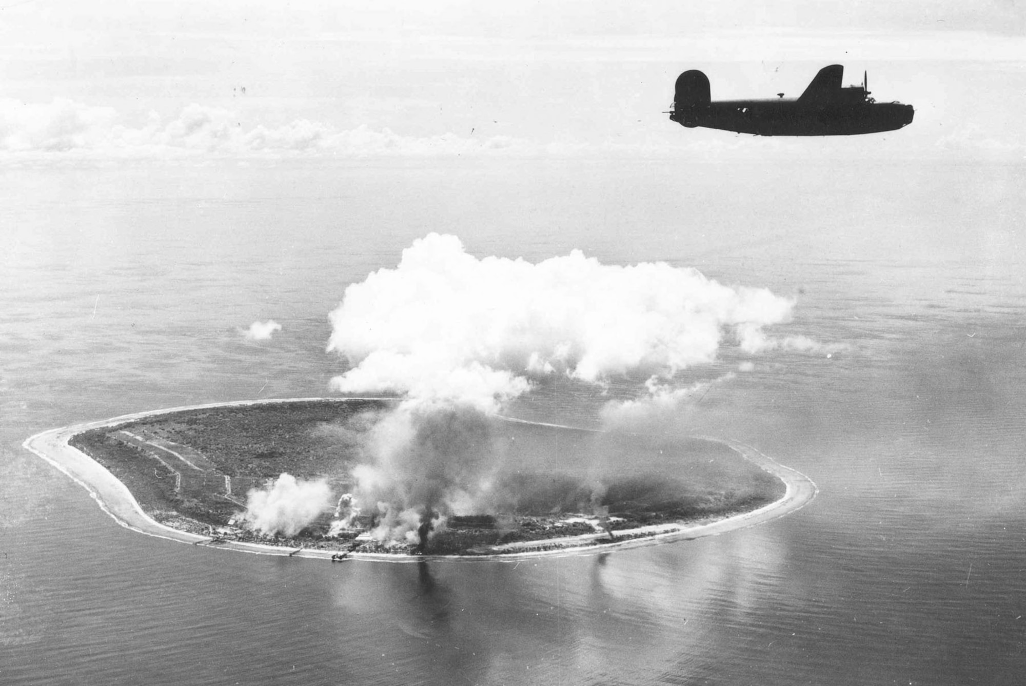 A 7th Air Force B-24 heads for home after a strike against facilities on Nauru in the Gilberts in August 1943. (U.S. Air Force photo)