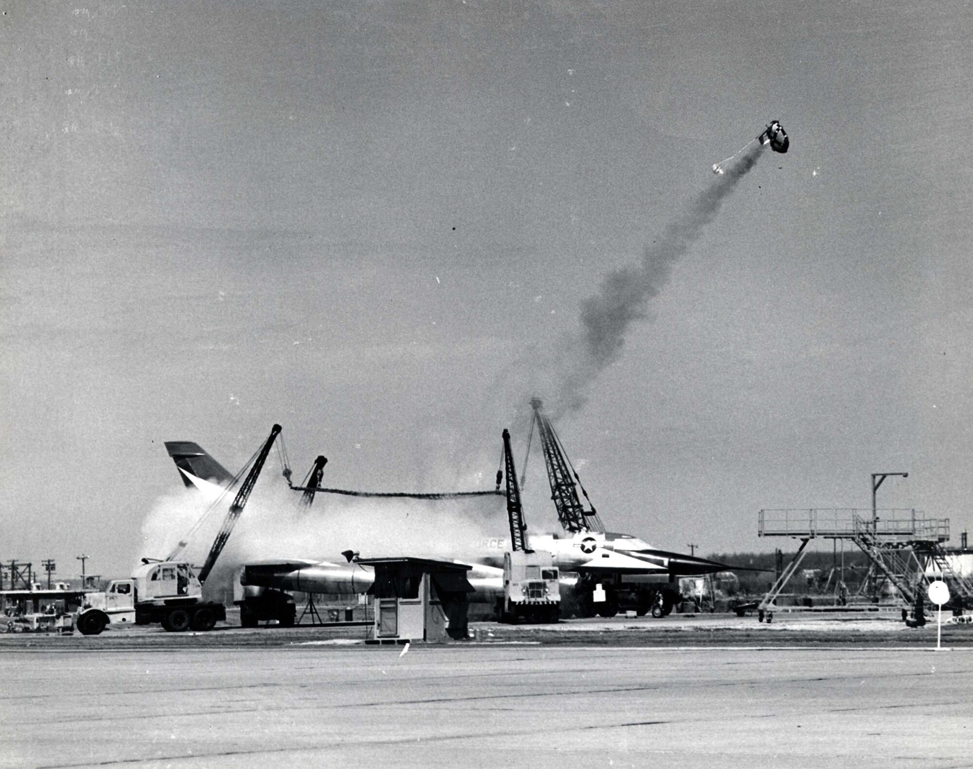 Convair B-58 capsule ejection static test from the XB-58, (S/N 55-0661). (U.S. Air Force photo)