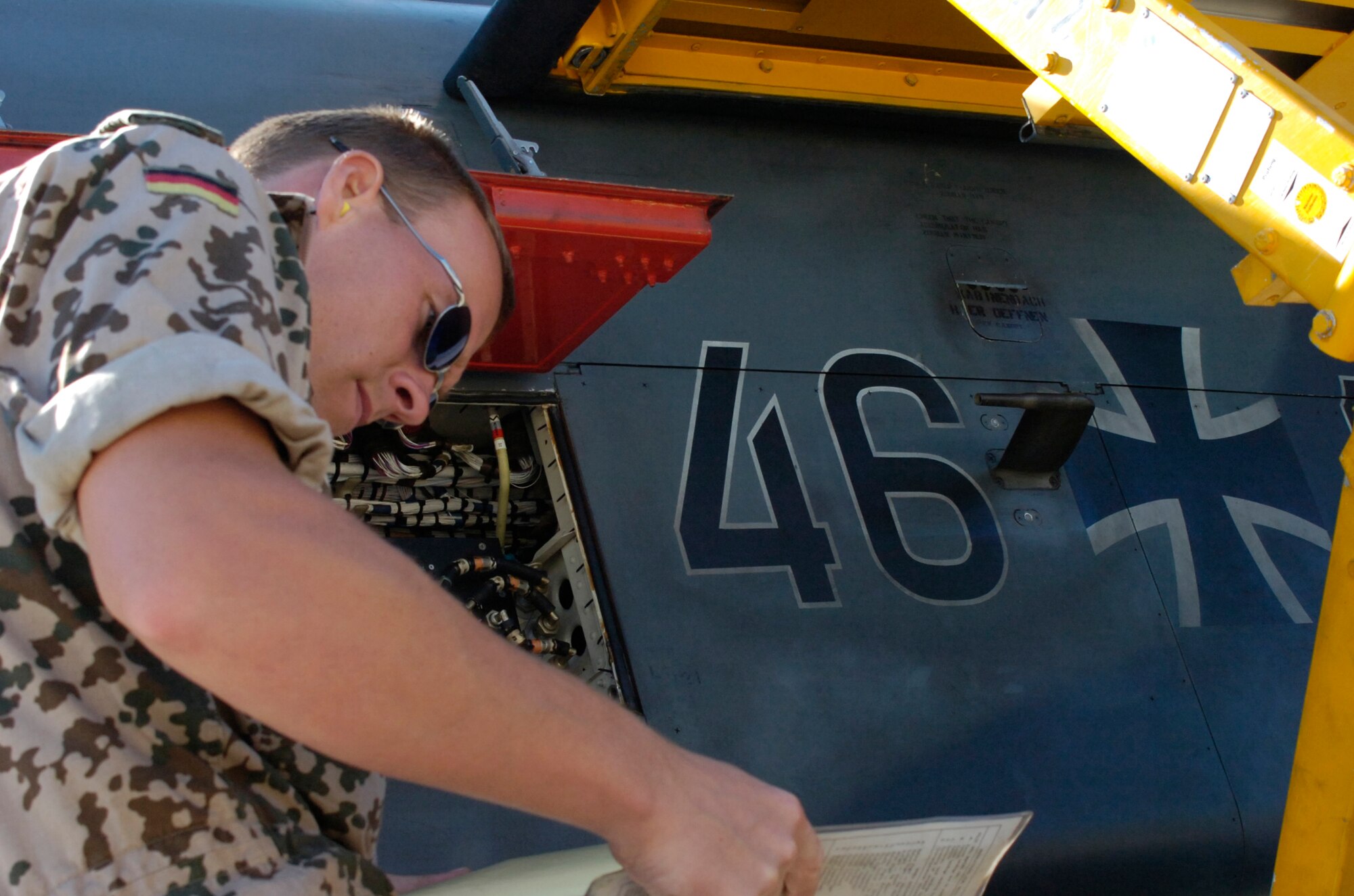 Tech. Sgt. Matthias Kuhnen, 1st Line Maintenance Unit of the German Air Force works on the PA200 Tornado at Tyndall AFB.  The GAF is at Tyndall for its bi-annual Weapon Systems Evaluation Program.  The PA200 is similar to the F-4.  (U.S. Air Force photo by Tech. Sgt. Richard Mercado)