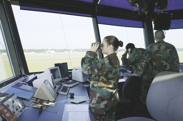 SHAW AIR FORCE BASE, S.C.-- Staff Sgt. Sarah Byrd, 20th Operational Support Squadron air traffic controller, watches an F-16 take off Nov. 1. The 20th Operations Group participated in the Air Traffic System Evaluations Program from Oct. 23 to 27, receiving recognition for providing outstanding services. (U.S. Air Force photo/Senior Airman Holly MacDonald)