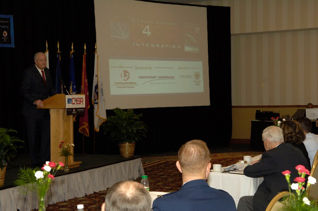 Secretary of the Air Force Michael W. Wynne announces that 8th Air Force would become the new Air Force Cyberspace Command at the 6th Annual C4ISR Integration Conference in Crystal City, Va., Nov. 2.  Cyberspace Command will be led by Lt. Gen. Robert J. Elder Jr. (U.S. Air Force photo/Tech. Sgt. Cohen Young)