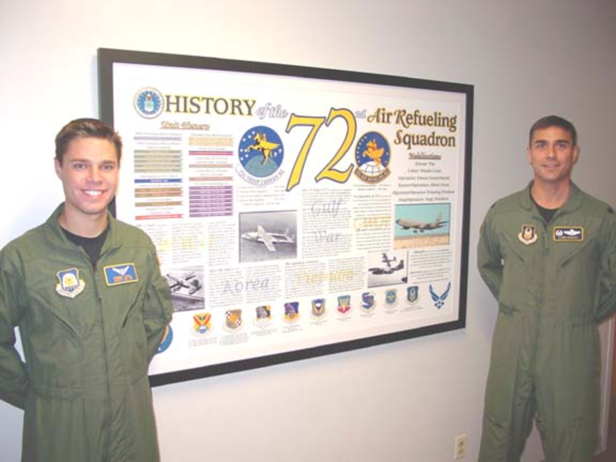 GRISSOM AIR RESERVE BASE, Ind -- Air Force ROTC Cadet Robert Furgal (left) and Lt Col Laen August, 72nd Air Refueling Squadron Commander, stand in front of a display highlighting the unit's history.  Colonel August spent many hours researching the information while Cadet Furgal helped to create the display.  (U.S. Air Force photo)