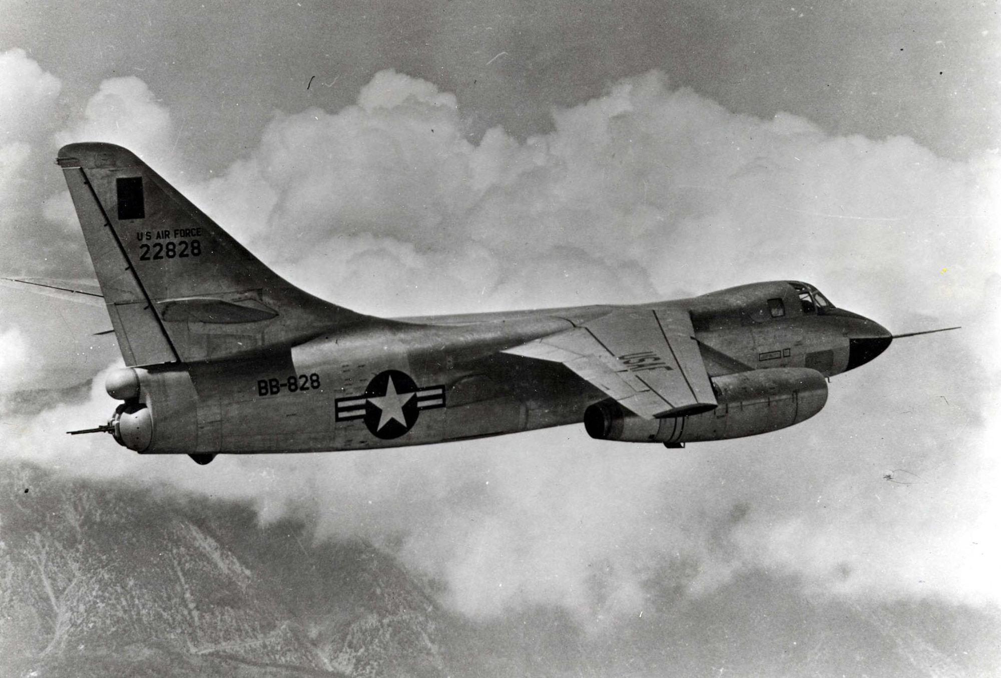 Douglas RB-66A Destroyer in flight (S/N 52-2828). Note the radar controlled/directed dual 20mm tail barbette. (U.S. Air Force photo)