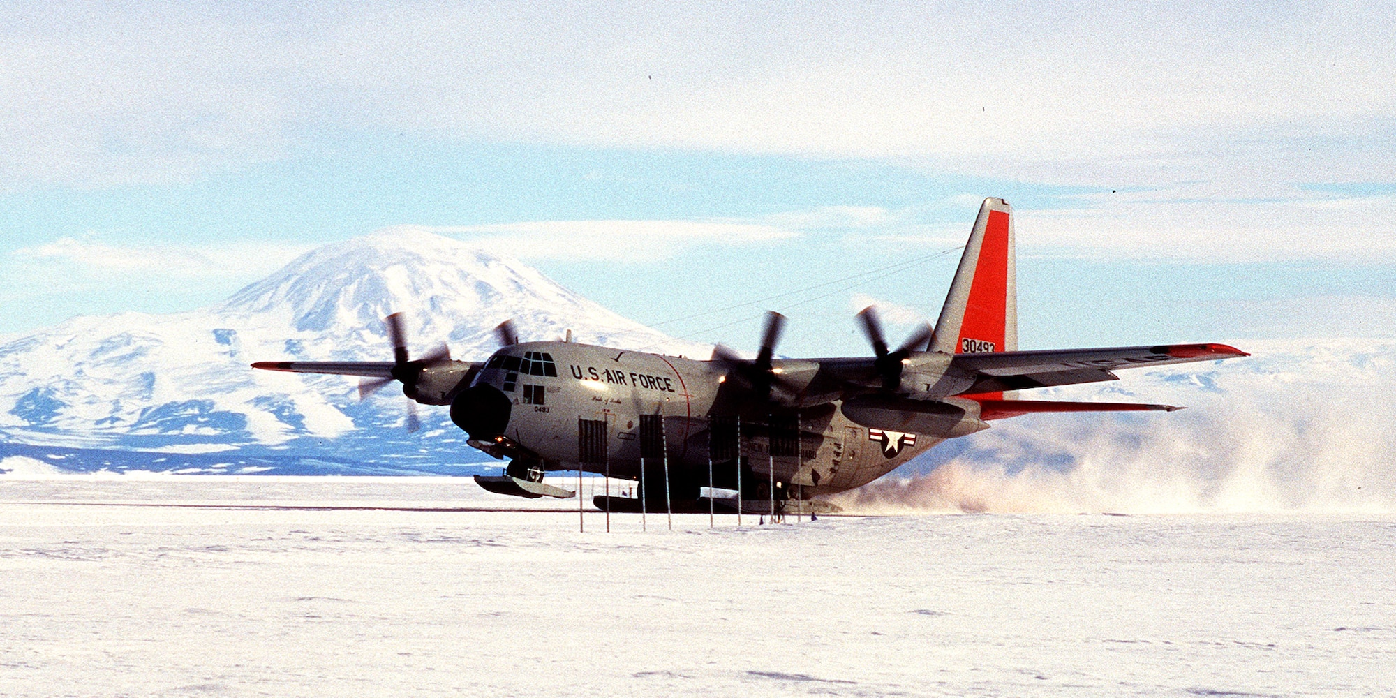 A U.S. Air Force LC-130 Hercules from the New York Air National Guard's 109th Airlift Wing touches down near McMurdo, Antarctica.  The first plane landed there 50 years ago. (U.S. Air Force photo) 