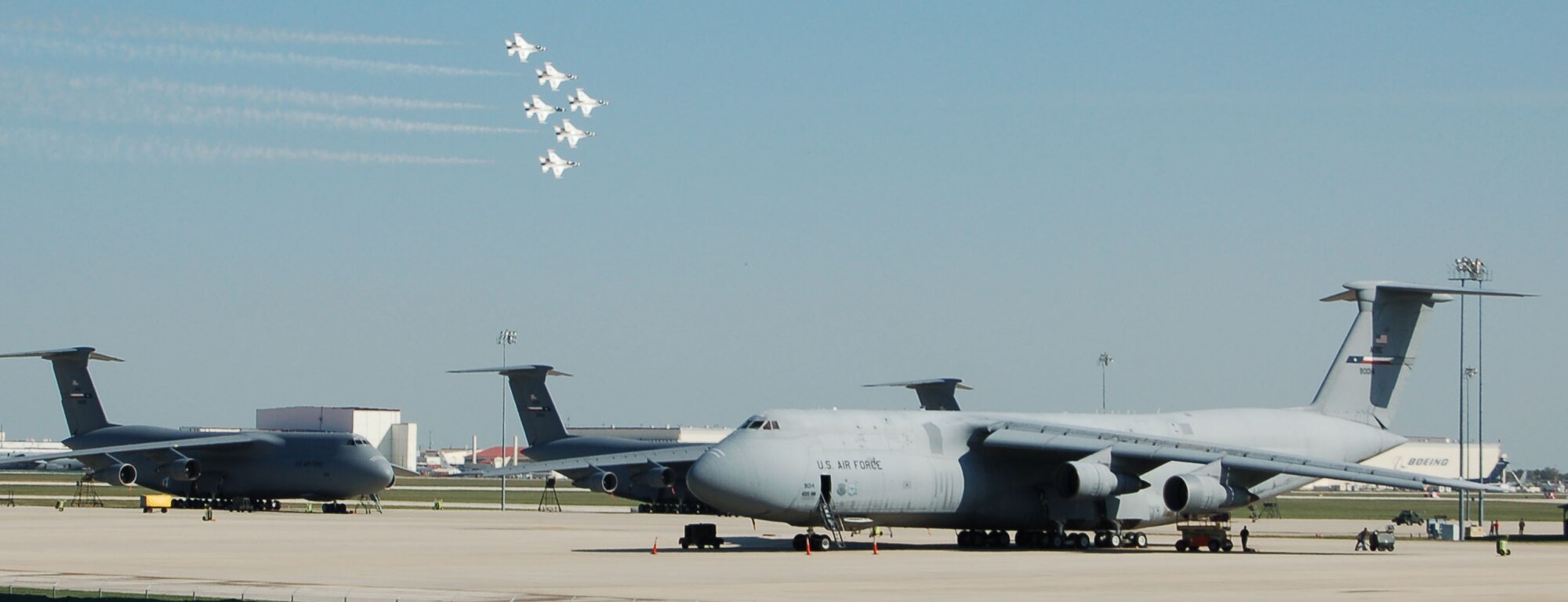 The Air Force Aerial Demonstration Team practices before the big day of Airfest 2006 at Lackland AFB. The Thunderbirds will perform at 2:30 p.m. on Saturday and Sunday during Airfest 2006 November 4-5. Airfest is the first event in the San Antonio Salute to Military Week (Air Force Photo/Senior Airman Jesse Hernandez)