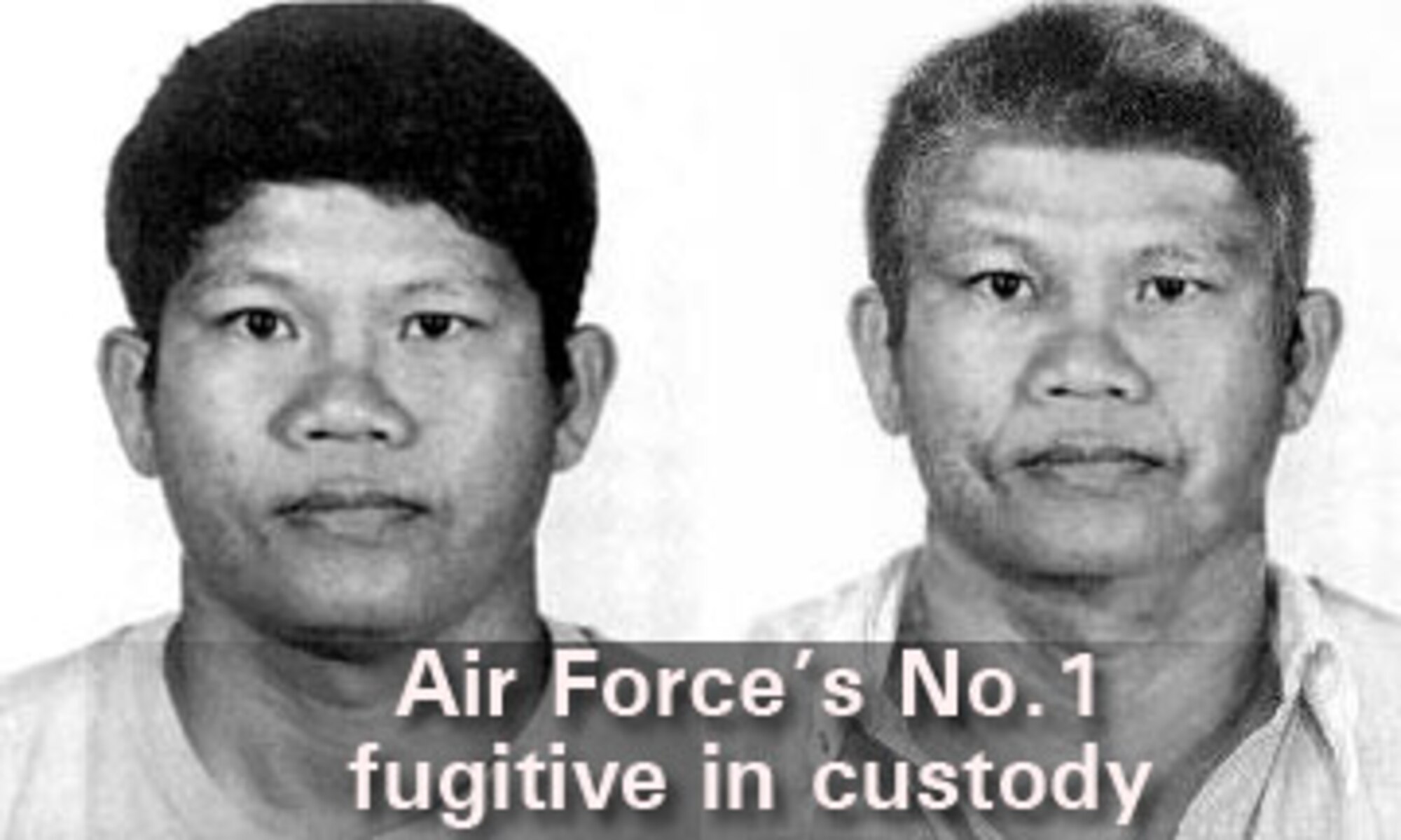 Saner Wonggoun is shown in 1994 at left, and in an age-progression image that led to the capture of the fugitive. The former U.S. Air Force sergeant was assigned to Travis Air Force Base, Calif. He fled the country in January 1994 when authorities in Marin County, Calif., wanted to question him in the murder investigation of his wife and unborn child. (U.S. Air Force illustration)
