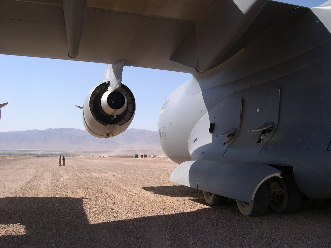 MCGUIRE AFB, N.J. -- Reserve and active duty C-17 aircrews recently navigated austere landing conditions to safely deliver passengers and cargo near Kandahar, Afghanistan. The crews from McGuire Air Force Base, N.J., experienced the aircraft's high maneuverability and capabilities while touching down on the unprepared dirt airfield. U.S. Air Force Reserve photo by Capt. Edward Yeash