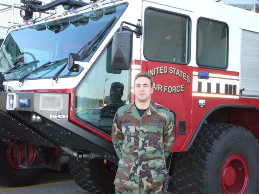 Senior Airman Christopher Gerdes is the 2005 Department of Defense Military Firefighter of the Year. Photo by Monica Mendoza