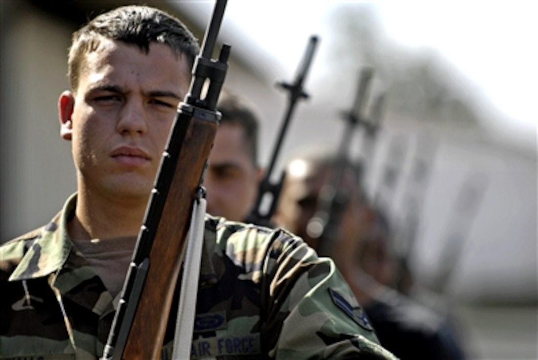 U.S. Air Force airmen from the 15th Airlift Wing honor guard practice their 21-gun salute firing positions at Hickam Air Force Base, Hawaii, Oct. 25, 2006. The base honor guard emphasizes the importance of military customs and courtesies, dress and appearance, and drill and ceremony.