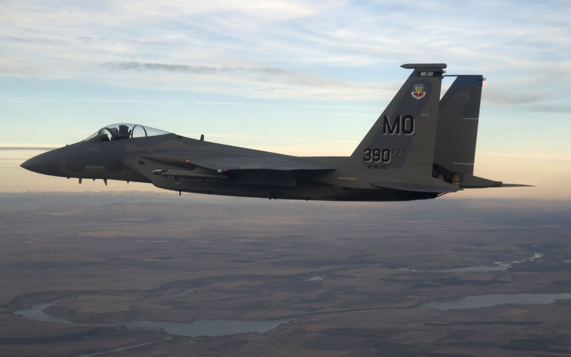 An F-15 Eagle from the 366th Fighter Wing flies high above the Snake River Canyon near Mountain Home Air Force Base, Idaho, Nov. 1. The 366th Fighter Wing began the first phase of its F-16 Fighting Falcon drawdown when five jets departed the base Nov. 2. The departure is part of the wing's realignment. (U.S. Air Force photo/Master Sgt. Kevin J. Gruenwald) 
