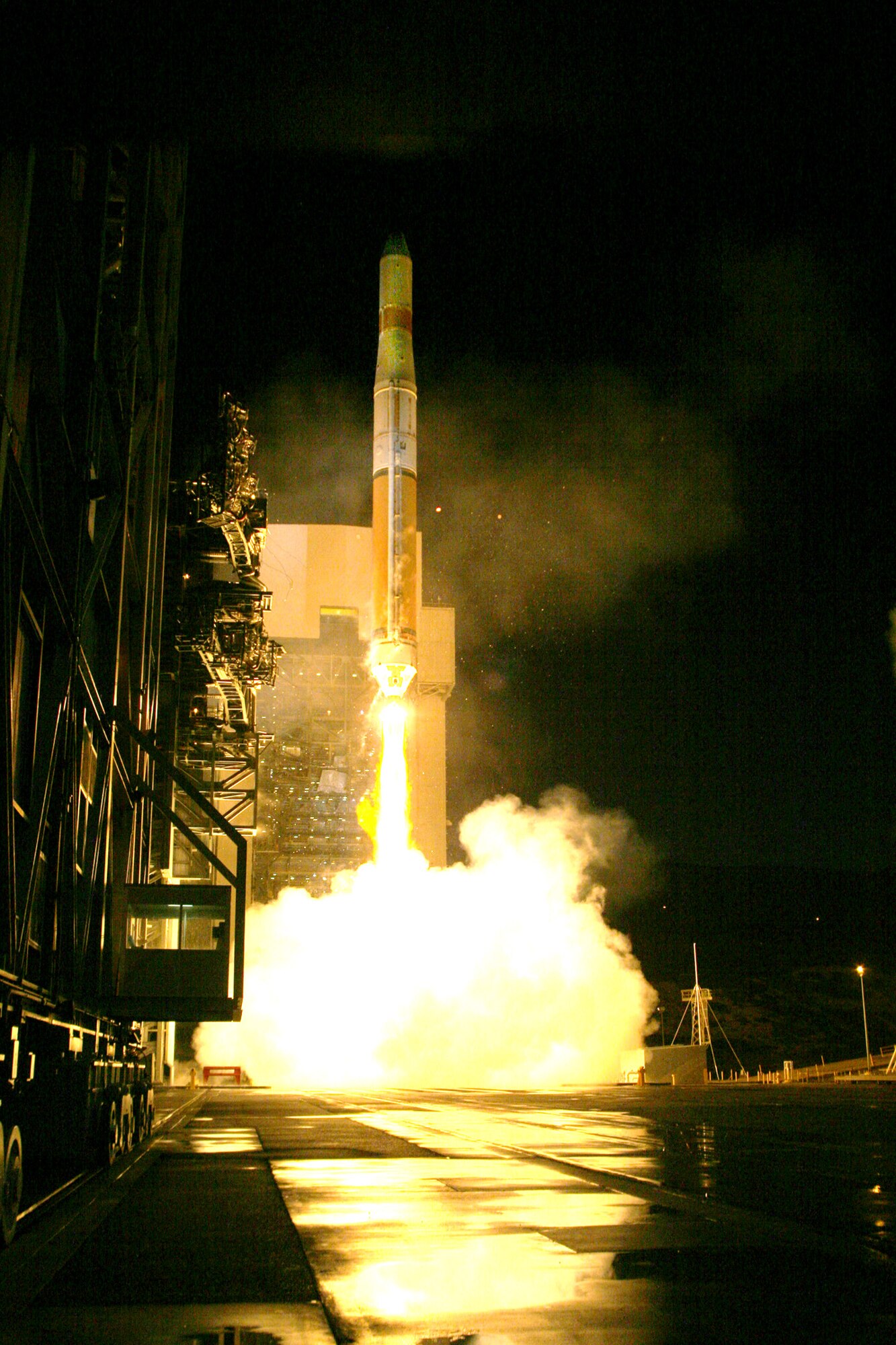 A Delta IV rocket launches at 5:53 a.m. on Nov. 4 from Vandenberg's Space Launch Complex-6. The rocket carried a Defense Meteorological Satellite Program satellite in to space. The satellite will transition into a polar earth orbit to provide weather forcasts for servicemembers on battlefields around the world. (Photo by Thom Baur) 