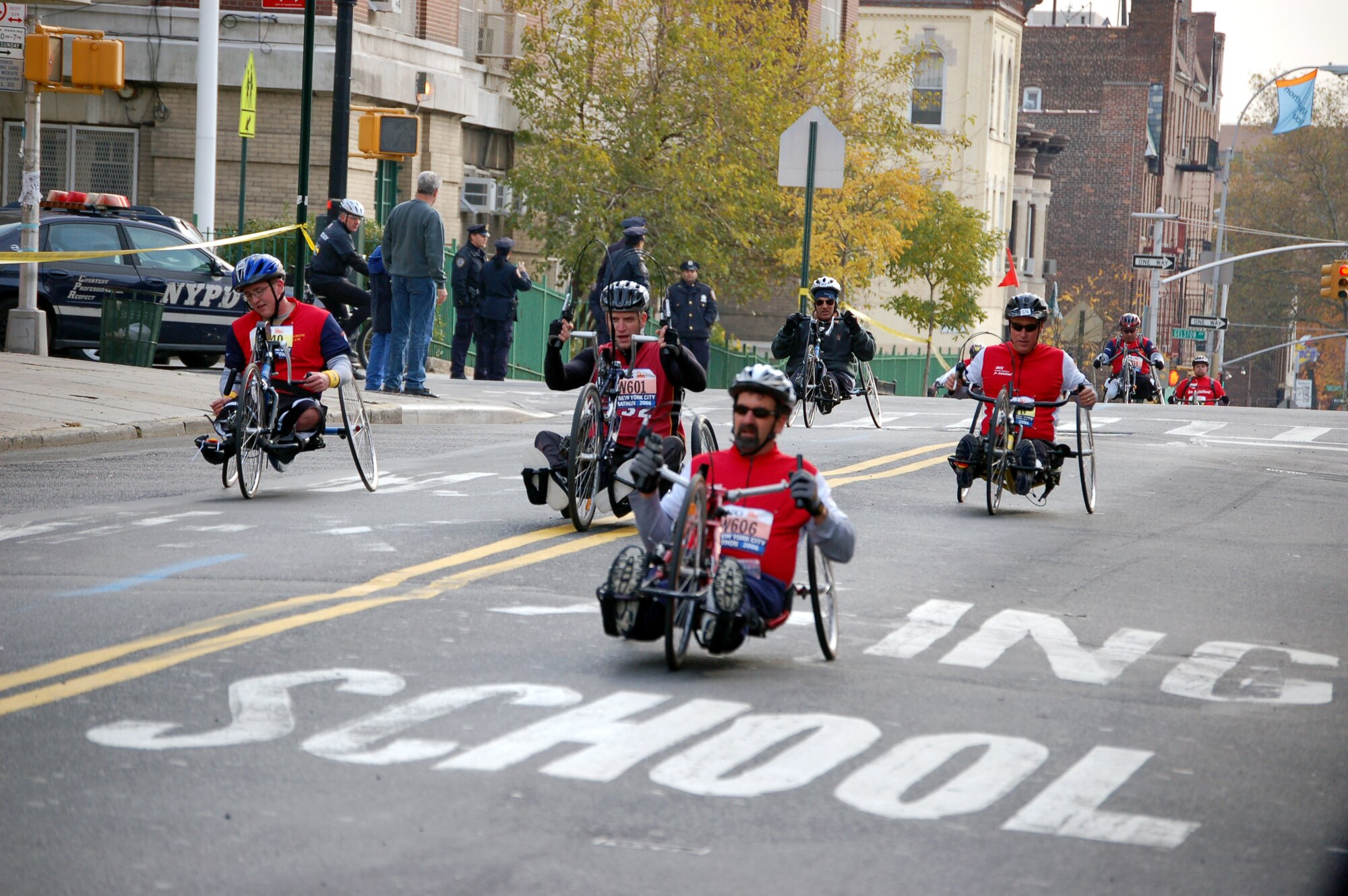 Achilles Freedom Team marathoners crest a hill near mile eight of the New York City Marathon Nov. 5. Nearly 50 disabled veterans ran the marathon as Achilles' 'wounded warriors'. (U.S. Air Force photo/Staff Sgt. Shad Eidson)