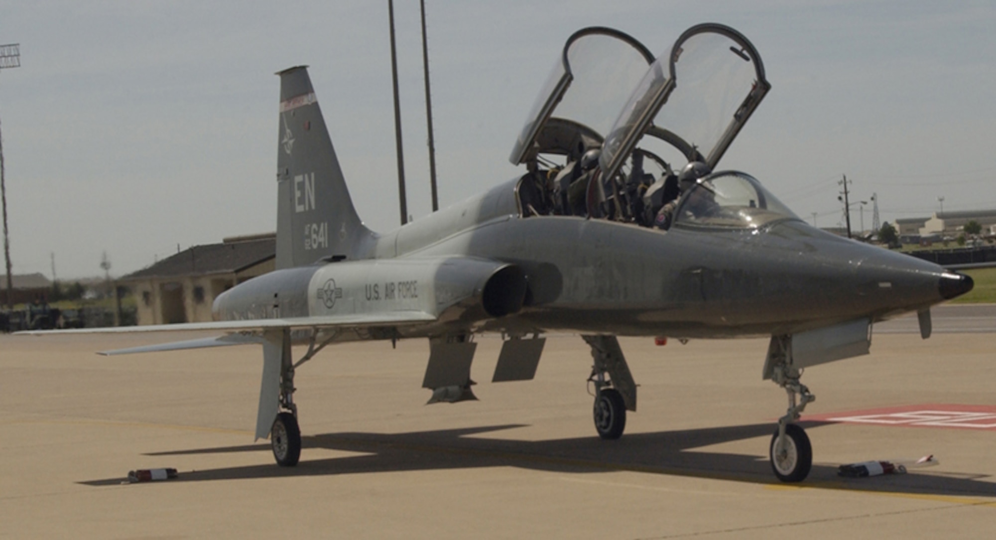 The last AT-38 Talon to fly a mission in the Air Force is shown after its final flight April 14 here. Col. Jeffrey Kendall, 80th Flying Training Wing commander, and Lt. Col. Richard McCool, commander of the 88th Flying Training Squadron, were the two pilots to make the historic flight. The T-38C is replacing the aircraft used for introduction to fighter fundamentals. (U.S. Air Force photo/Sandy Wassenmiller).