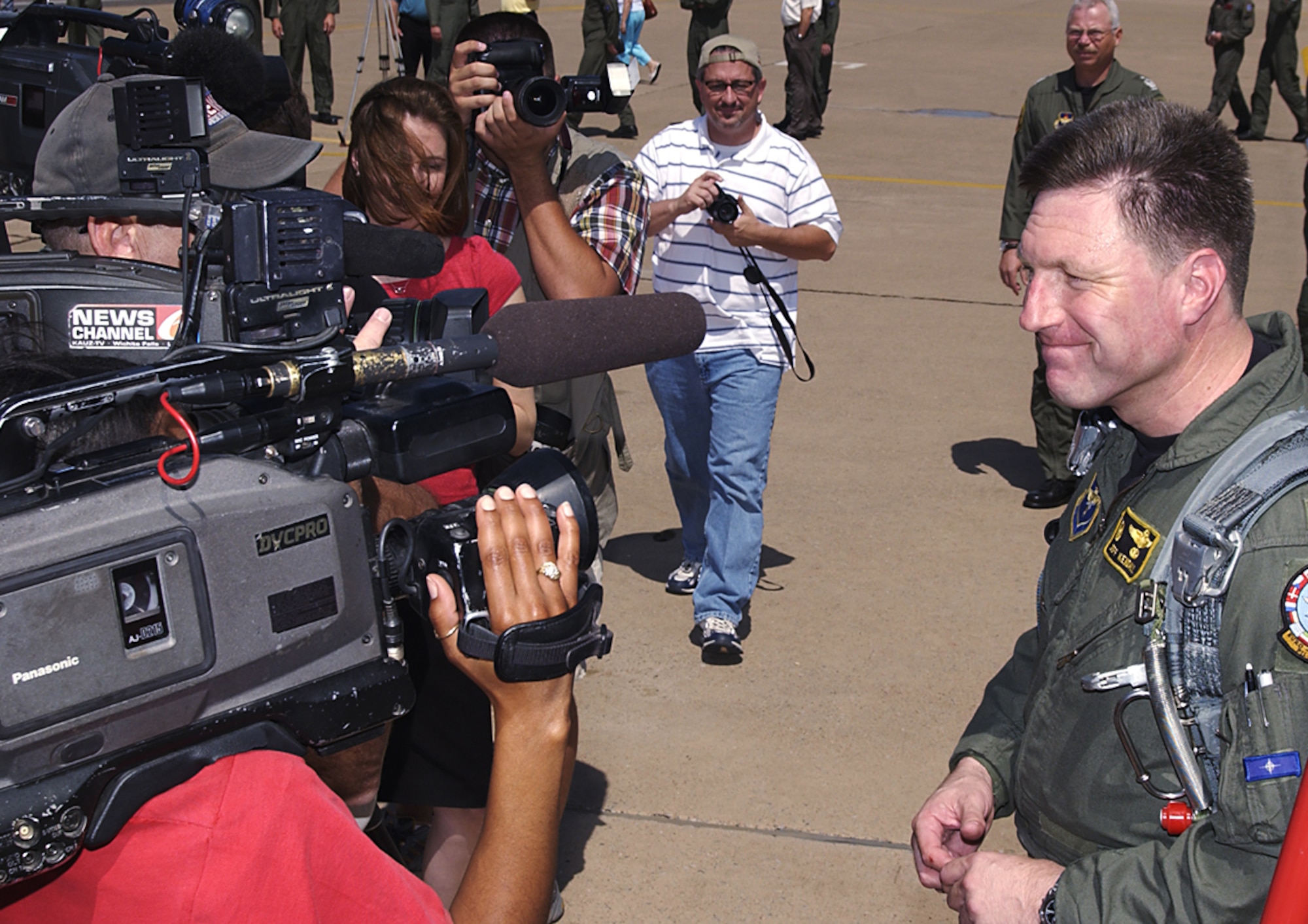 Col. Jeffrey Kendall, 80th Flying Training Wing commander, answers questions April 14 piloting the final AT-38 Talon mission in the Air Force. (U.S. Air Force photo/Sandy Wassenmiller).