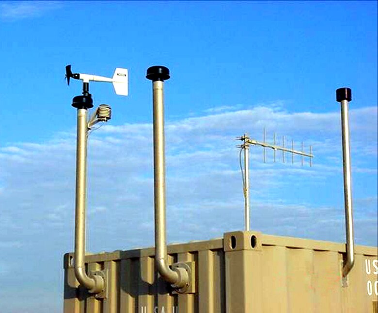 Sensors on one of the Portal Shield cases monitor the air near this deployed location housing 380th Air Expeditionary Wing Airmen in Southwest Asia. (Courtesy photo)
