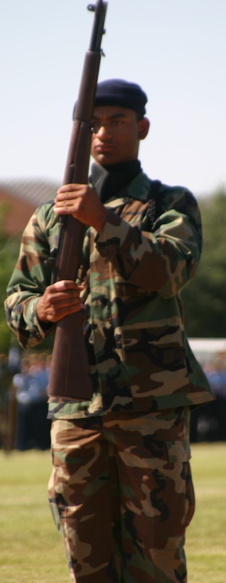 A member of the Special Activities Team stands at attention during a performance May 19 at the new Sheppard parade grounds. (U.S. Air Force photo/John Ingle).
