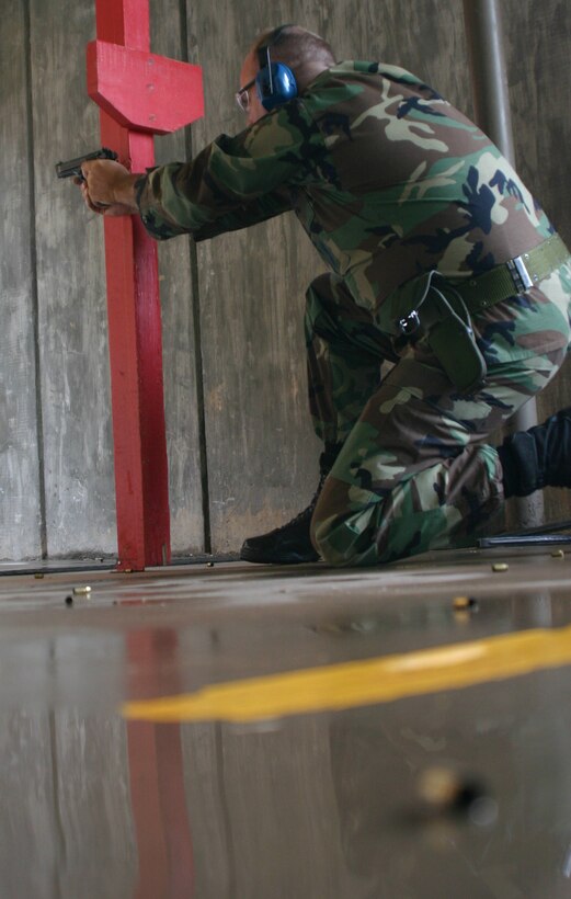 Chief Master Sgt. Tracy Smith, an individual mobilization augmentee in the ready reserves and the IMA security force manager at the 82nd Security Forces Squadron, gets time in at the firing range April 28. He and five other IMAs updated their combat skills by going through the 82nd SFS combat skills training. (U.S. Air Force photo/Airman Jacob Corbin).