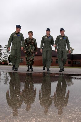 (From left to right) 2nd Lieutenants John Schade, Julia Mahaffey, Sarah Hoelscher and Kevin Stockdill are students in Scott’s Officers Awaiting Professional Training mentorship program, and are learning how to reflect the leadership qualities of experienced commanders and senior NCOs. (U.S. Air Force photo by Marv Lynchard)