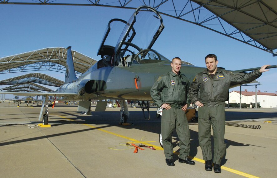 Brothers 2nd Lt. Scott and Capt. Kyle Boeckman both pilot aircraft at Vance. Captain Boeckman is a 25th Flying Training Squadron instructor and Lieutenant Boeckman is a 33rd Flying Training Squadron Class 07-04 student.(Courtesy photo by Andy Carpenean)