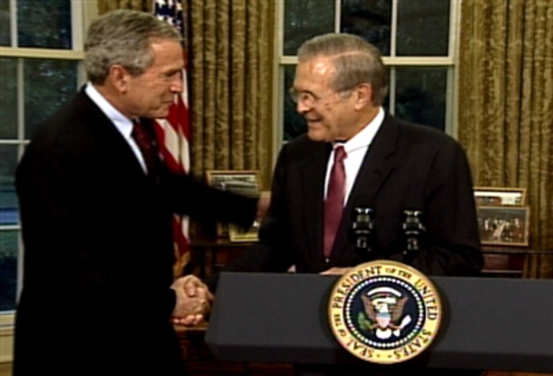 Defense Secretary Donald H. Rumsfeld said during a  news conference Nov. 8, 2006, from the East Room of the White House, "It's been the highest honor of my life to serve with the talented men and women of the Department of Defense." 