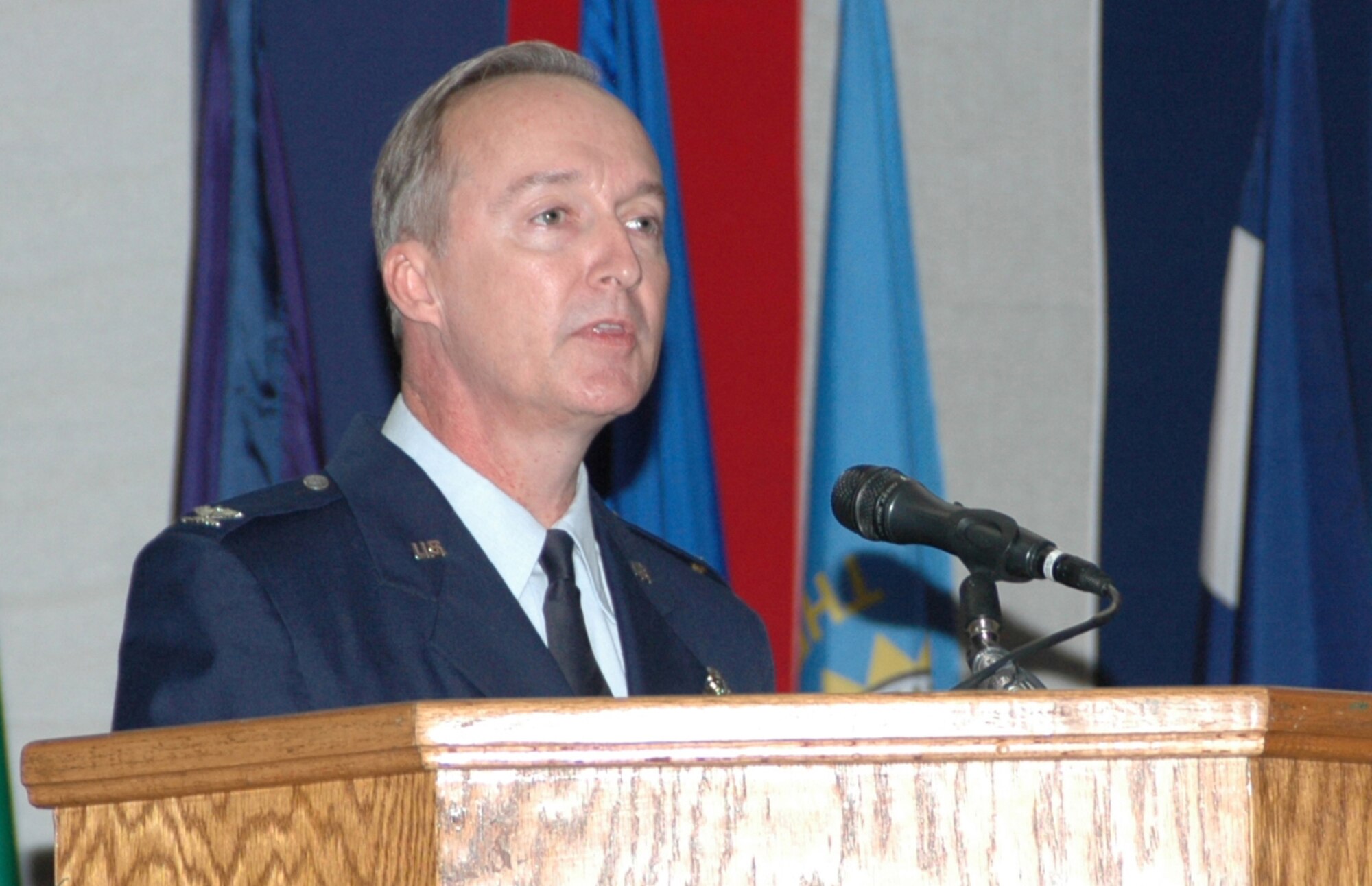 Col. Ed Walker, new 917th Wing commander, speaks to his troops at the change of command ceremony held Saturday, Nov. 4, at Hoban Hall, Barksdale AFB, La. (U. S. Air Force photo/Tech. Sgt. Jeff Walston)