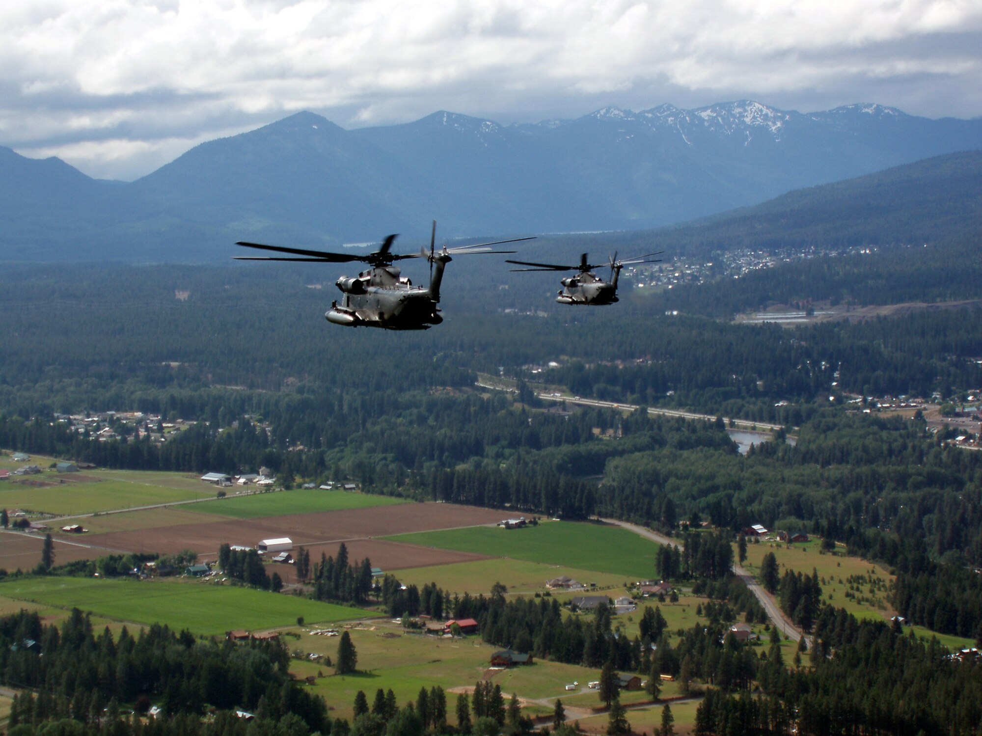 Two 20th SOS MH-53 PAVE LOWs make their way to the Operational Readiness Inspection in Washington. (Courtesy Photograph)

