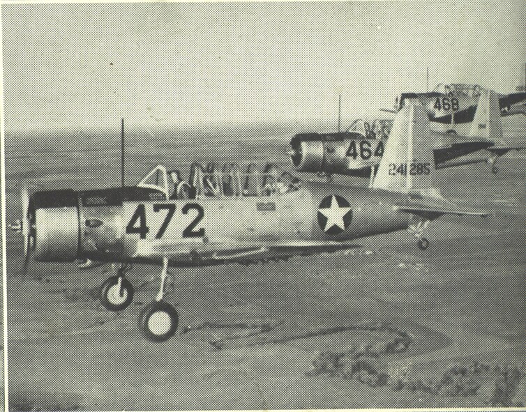 Cadets at the Enid Army Flying School, now Vance Air Force Base, began their pilot training in the BT-13 “Valiant.” An example sits at the base airpark, along with other airframes flown at Vance.(Courtesy photo)