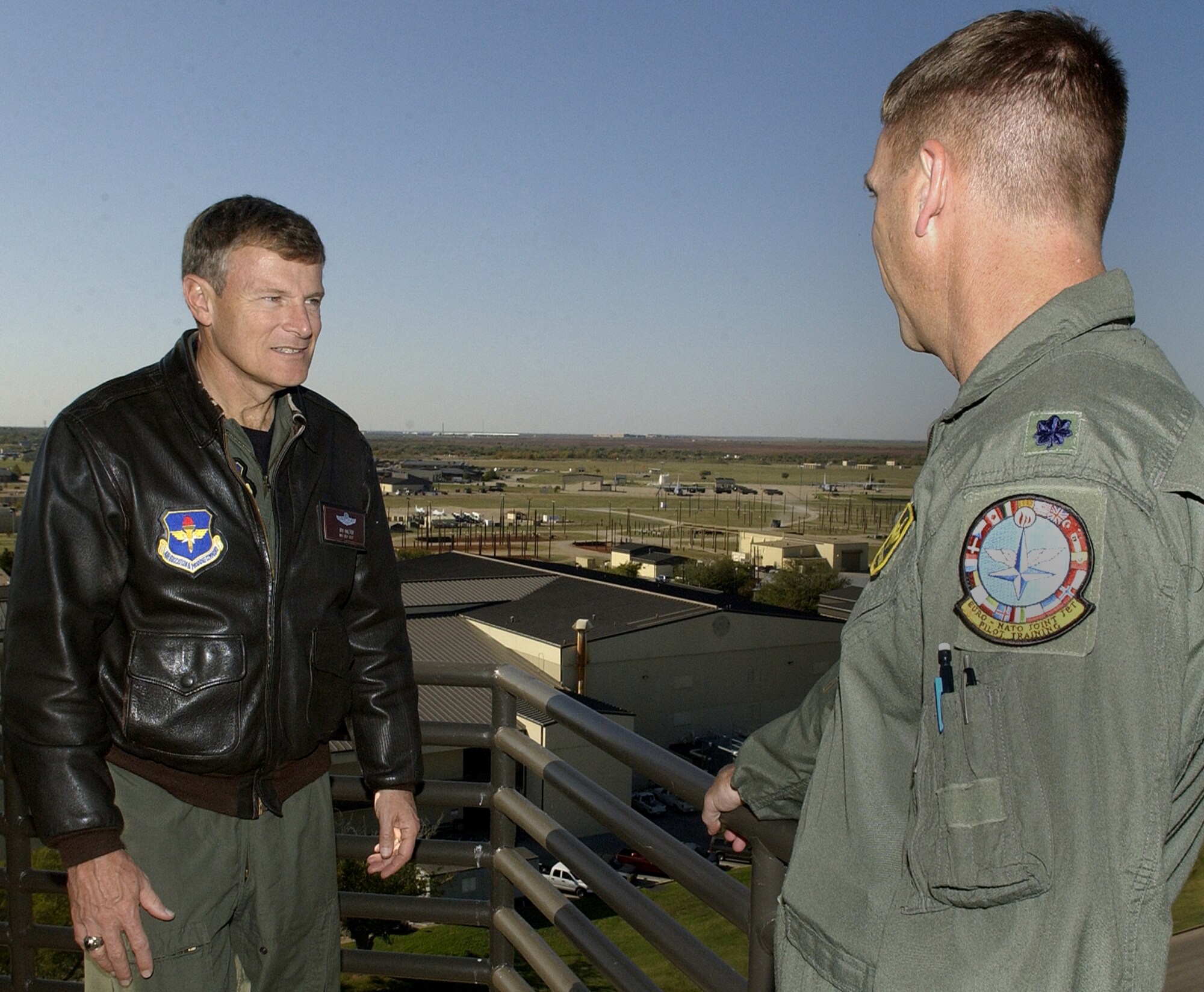 Maj. Gen. Irving Halter Jr., commander of 19th Air Force, chats with Lt. Col. Rick Blackburn of the 80th Flying Training Wing Nov. 2 atop the new control tower. This was the new 19th AF commander’s first visit to Sheppard. (U.S. Air Force photo/Mike Litteken)