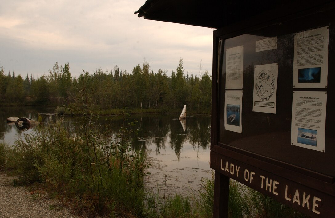 EIELSON AIR FORCE BASE, Alaska -- The "Lady of the Lake" is the last WB-29 Superfortress left at Eielson AFB which was dropped from the Air Force inventory in 1955 because of a ground accident. The aircraft was taken to the pond it currently rests in and was used for open water extracation training until it became too dangerous. The aircraft was abandoned where it lays.
(U.S. Air Force Photo by Staff Sgt Joshua Strang)