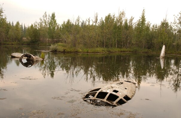EIELSON AIR FORCE BASE, Alaska -- The "Lady of the Lake" is the last WB-29 Superfortress left at Eielson AFB which was dropped from the Air Force inventory in 1955 because of a ground accident. The aircraft was taken to the pond it currently rests in and was used for open water extracation training until it became too dangerous. The aircraft was abandoned where it lays.
(U.S. Air Force Photo by Staff Sgt Joshua Strang)
