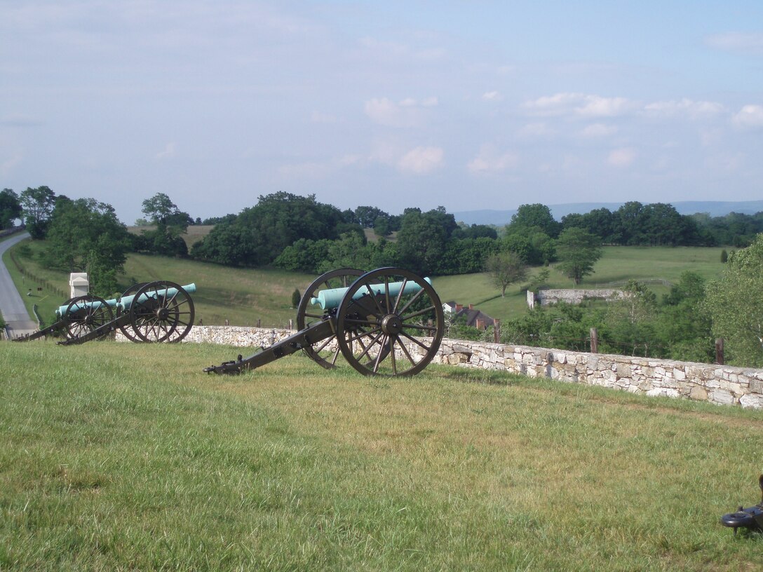 A row of artillery line a small wall near the town of Sharpsburg, Md. (U.S. Air Force photo/John Ingle).
