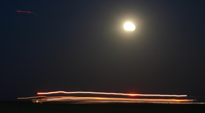 A T-37 Tweet streaks across the Sheppard landscape during night flying training at the 80th Flying Training Wing. (U.S. Air Force photo/1st Lt. Ian Phillips)