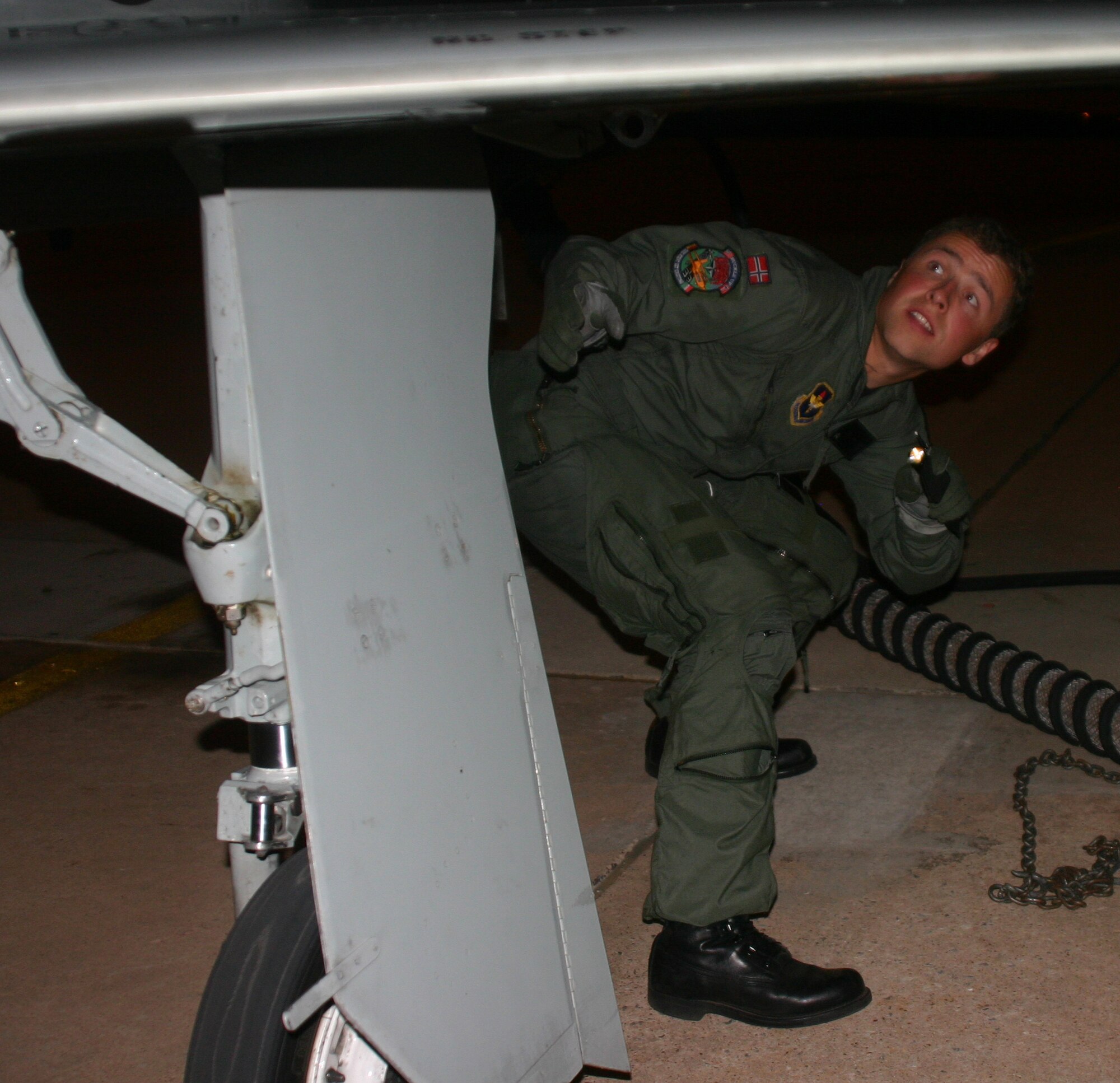 Norwegian 2nd Lt. Per Arne Segtnan conducts a pre-flight check on a T-38 Talon before a solonight flight Tuesday. (U.S. Air Force photo/1st Lt. Ian Phillips)