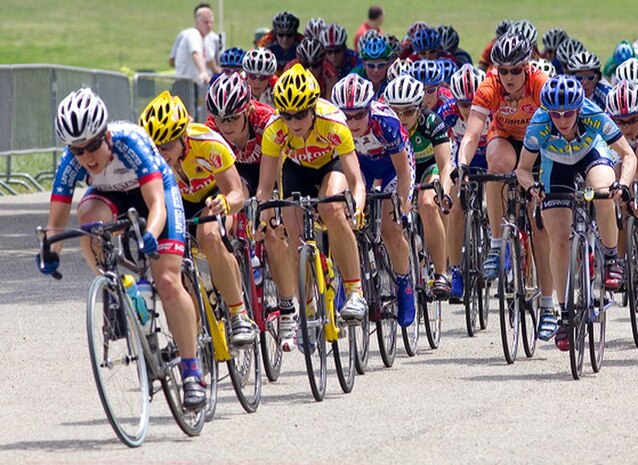 1st Lt. Holly Borowski, 9th Aircraft Maintenance Squadron maintenance officer, breaks ahead of the pack during Bike Jam 2006. Lieutenant Borowski finished 17th out of 120 bicyclists. (Photo by Richard Anderson)