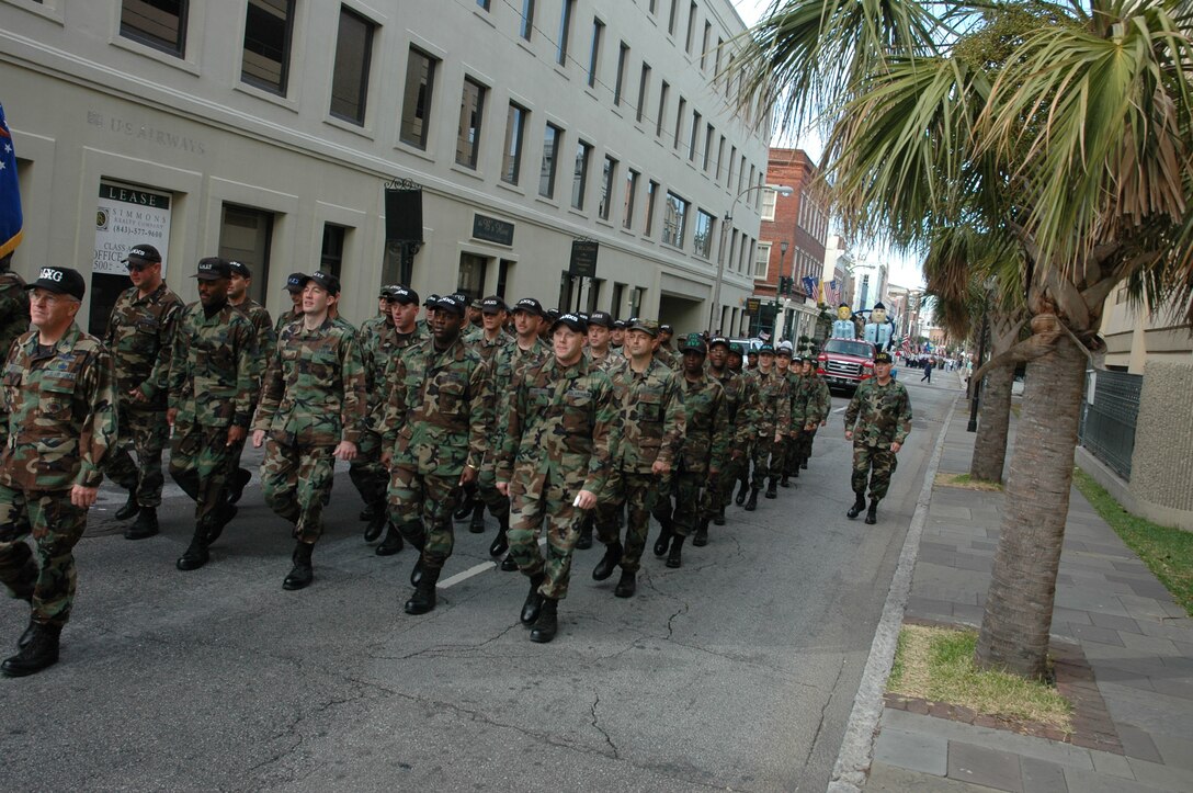 Members oft the 315th Airlift Wing march in formation in downtown Charleston, S.C., during the annual Veteran's Day Parade Nov. 5. (photo by Tech. Sgt. Mark Kleber)