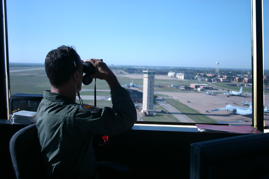 Lt. Col. Keith Pond, of the 97th Flying Training Squadron, serves as a supervisor of flying Sept. 6 in the 80th Operations Support Squadron's new control tower. (U.S. Air Force photo/John Ingle)