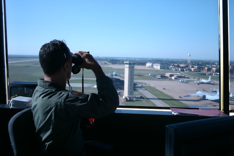 Lt. Col. Keith Pond, of the 97th Flying Training Squadron, serves as a supervisor of flying Sept. 6 in the 80th Operations Support Squadron's new control tower. (U.S. Air Force photo/John Ingle)